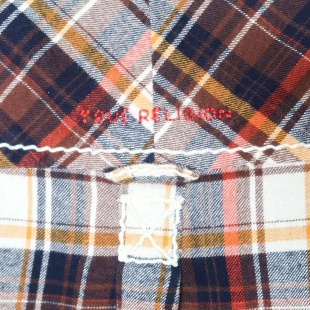 True Religion‎ Mens Button Up Shirt XL Plaid Orange Brown Cowboy Western